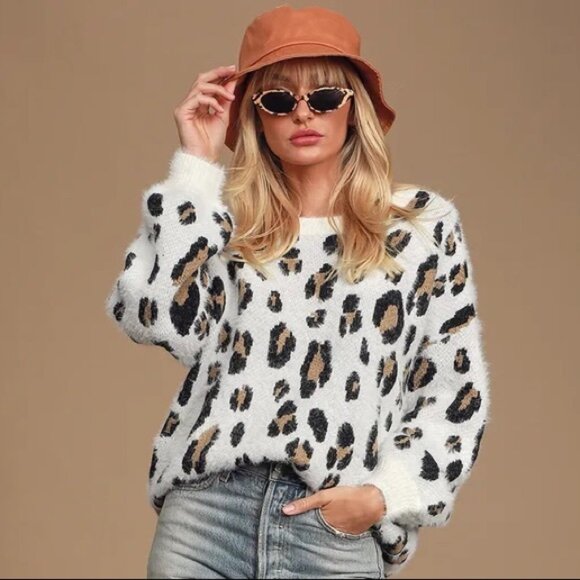 Lulus Sweaters - Free Spirited White Leopard Print Knit Sweater